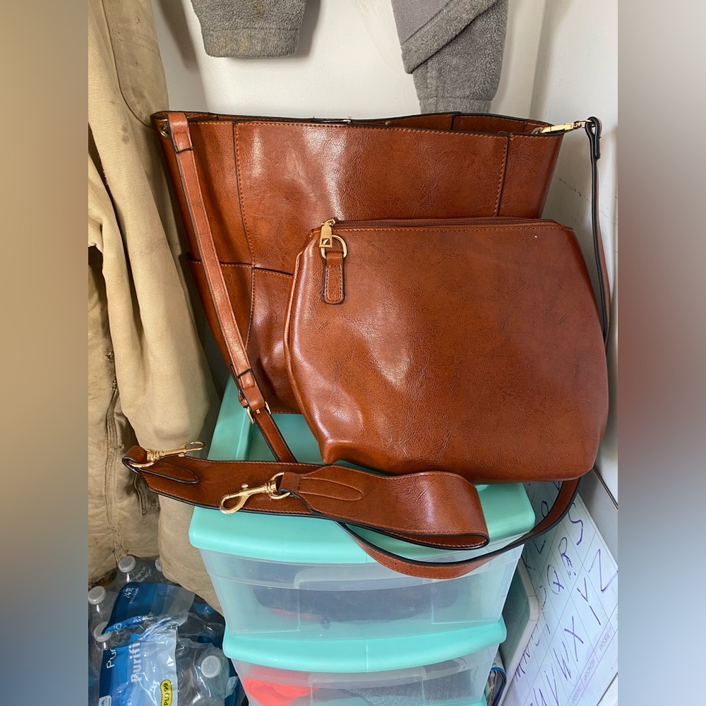 Women's Brown PU Leather Shoulder Bag with Detachable Pouch